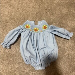 Blue Gingham thanksgiving Smocked Baby Bubble
